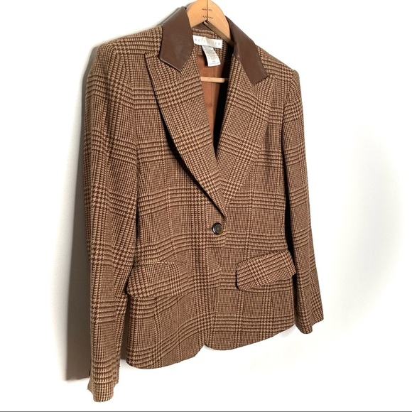 The Limited | Vintage Brown Houndstooth Leather Trim Fitted Blazer - Picture 2 of 7